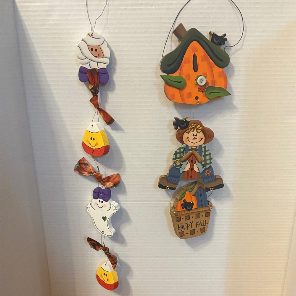 2 Hanging wood Fall and Halloween decor candy corn mummy pumpkin ghost
